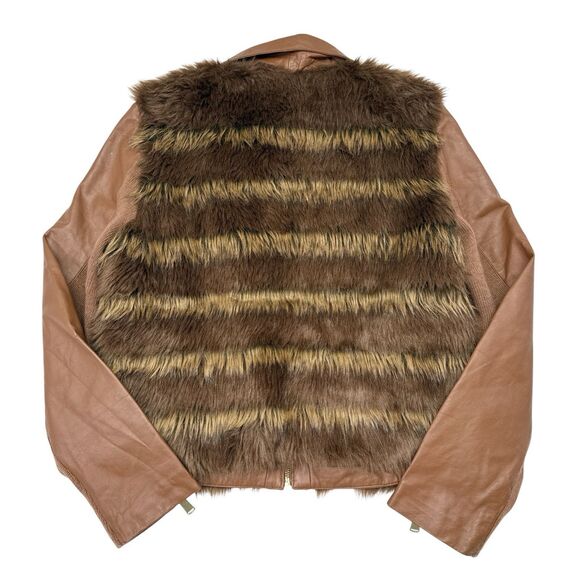 Boston Proper Leather Faux Fur Jacket Women Size 12 Brown Full Zip Festival Boho - Picture 2 of 9